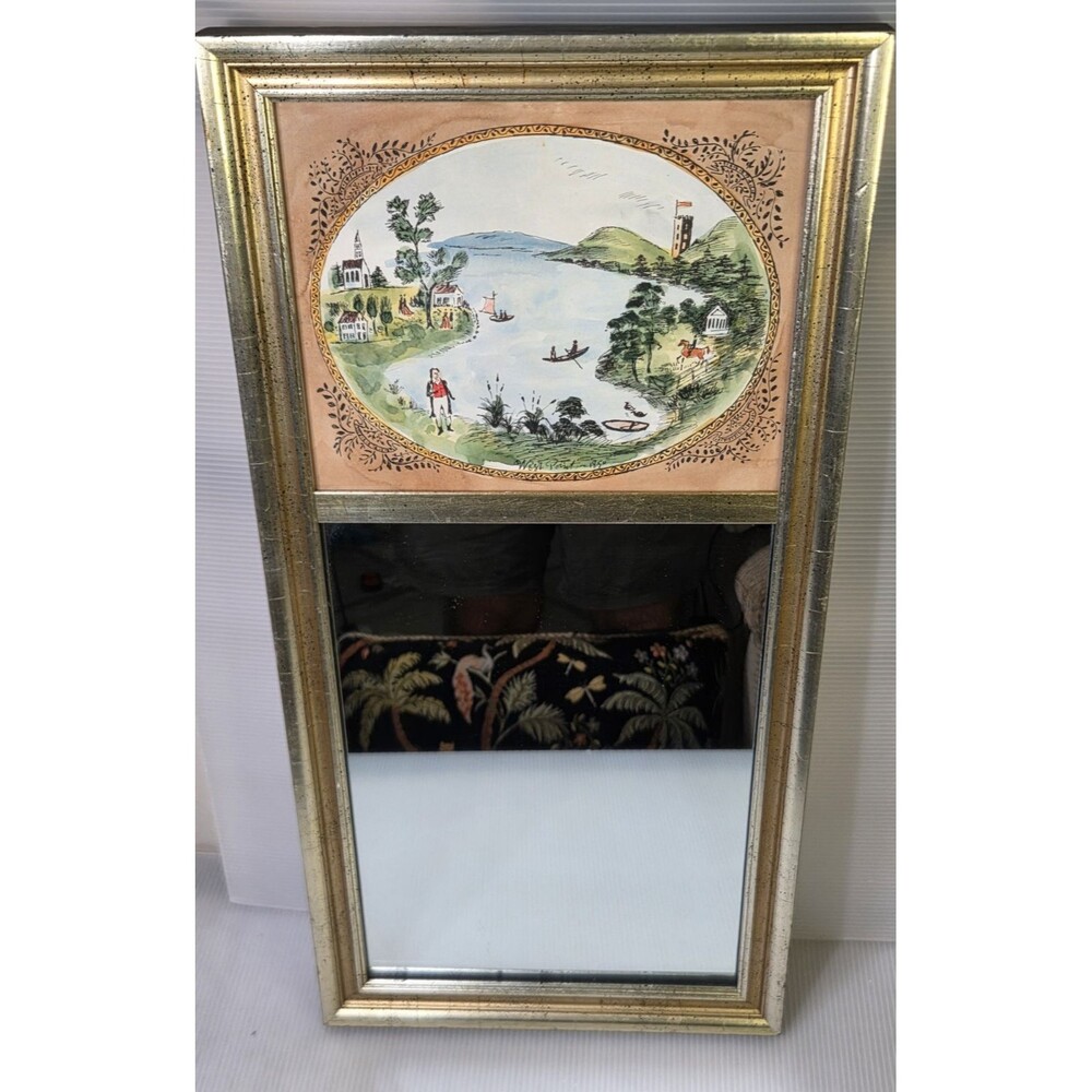 Folk Art Decorated Painted Hanging Two Panel Mirror West Point Watercolor & Ink